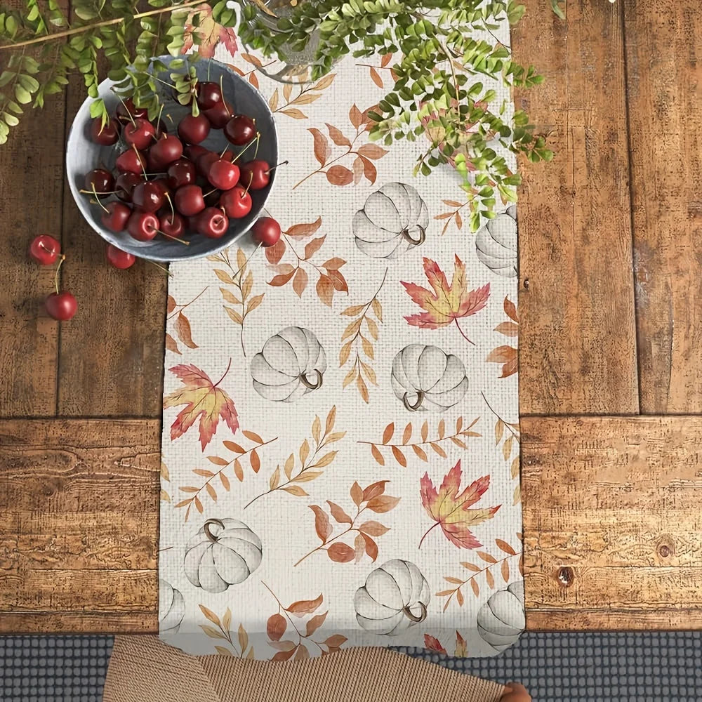 Autumn Harvest Table Runner Polyester Fiber Linen Look Fall Leaves Pumpkin Pattern Dining Table Decor Warm Ambiance Creator