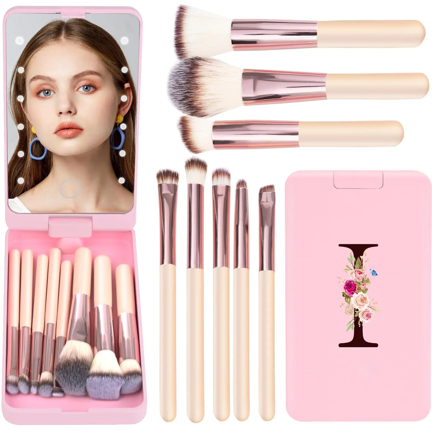 Mini 8-Piece Initials Travel Makeup Brush Set with Led Light Mirror Compact Travel EssentialsMonogrammed Gifts SuitGive To Teen Girls And Young Women Perfect Valentines Day Gifts(PinkI)