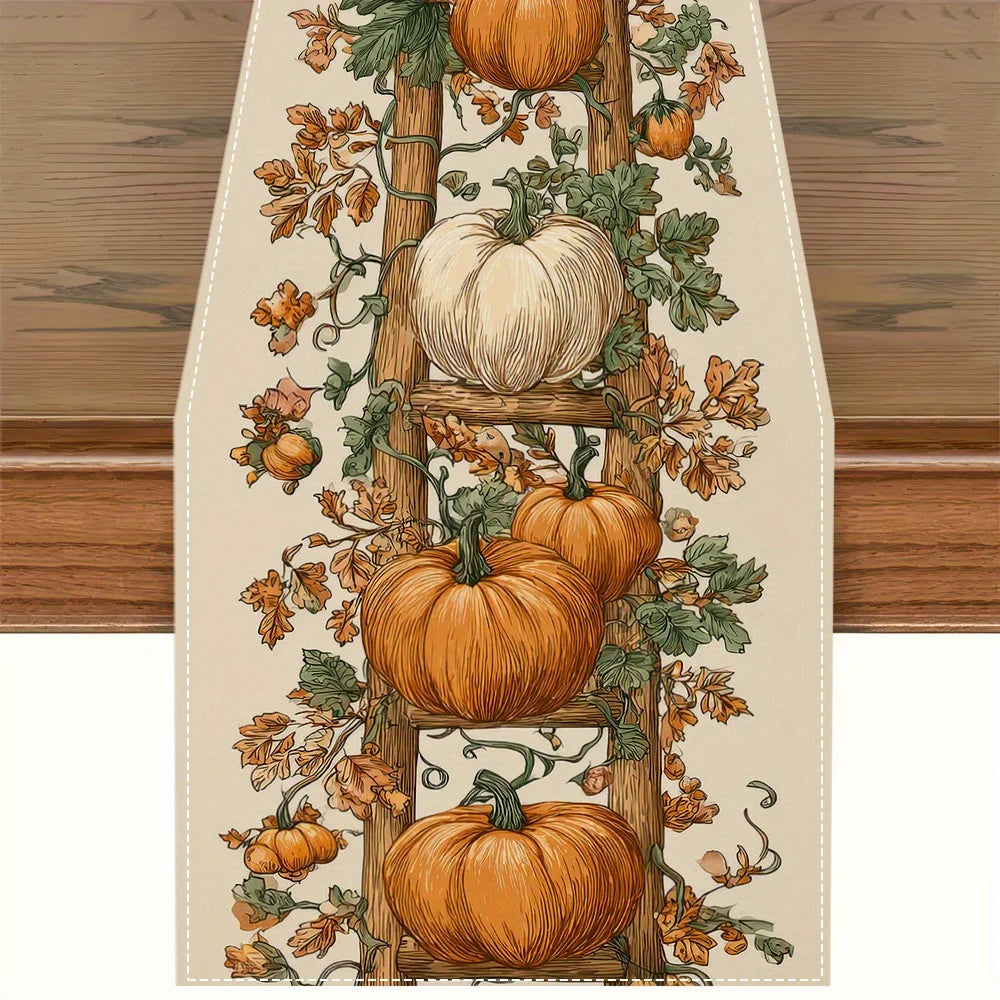 1Pc Fall Table Runner - Pumpkin, Orange and Brown Fall Decor with Ladder Design, Fits Restaurant, Home, Harvest Party, Pastoral Market.