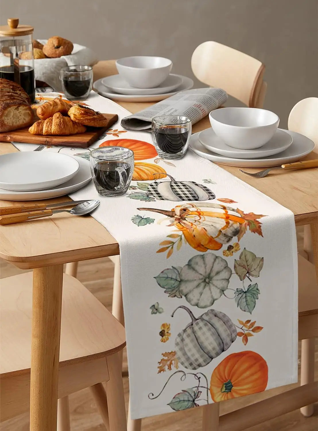 Autumn Pumpkins Maple Leaves Linen Table Runner for Table Decoration Fall Thanksgiving Harvest Table Runners Wedding Party Decor