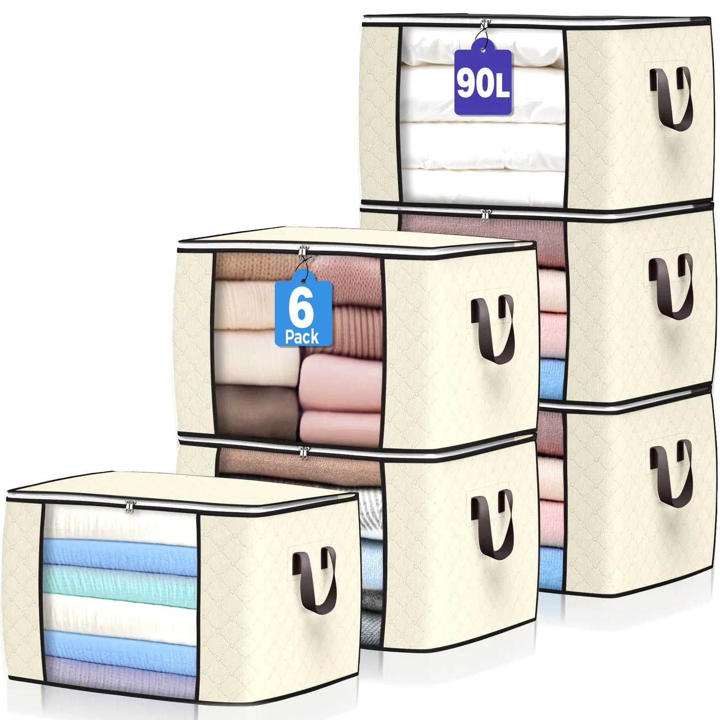 90 L Large Storage Bags 6 Pack Clothes Storage Bins Foldable Closet Organizers Storage Containers with Reinforced Handle for Clothing Blanket Comforters Bed Sheets Pillows and Toys (Beige)
