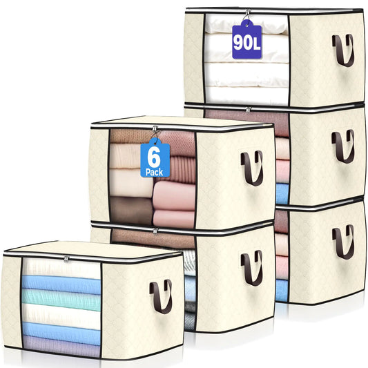 90 L Large Storage Bags 6 Pack Clothes Storage Bins Foldable Closet Organizers Storage Containers with Reinforced Handle for Clothing Blanket Comforters Bed Sheets Pillows and Toys (Beige)