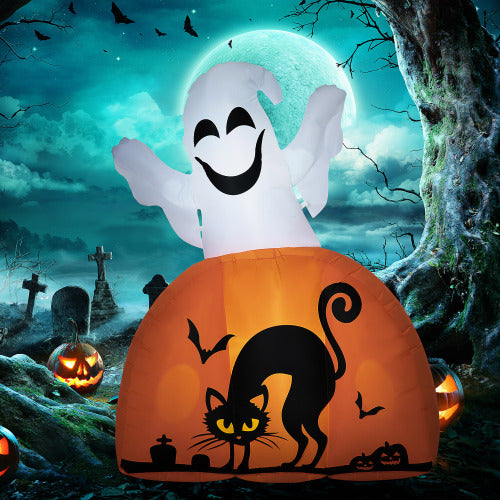 HOMCOM 5ft Halloween Inflatables Outdoor Decorations Ghost with Pumpkin, Outdoor Blow-Up Yard Decor with LED Lights