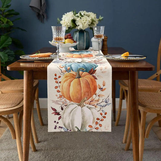 Fall Harvest Pumpkins Eucalyptus Leaves Table Runner Party Decor Reusable Kitchen Dining Tablecloth Thanksgiving Decorations