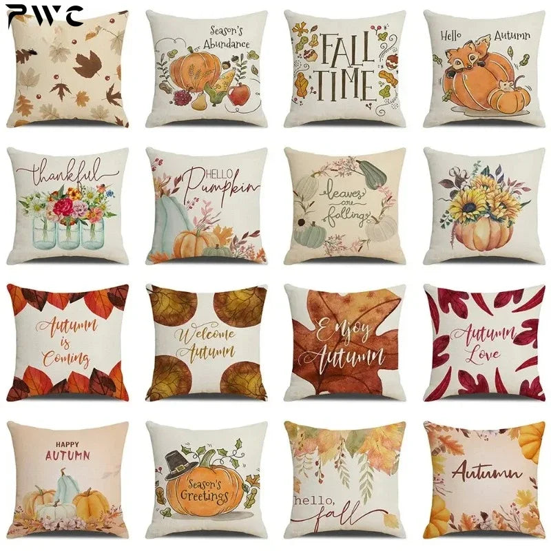 Fall Pumpkin Cushion Covers 18x18 Inch Farmhouse Decor Thanksgiving Buffalo Check Linen Throw Pillow Covers Happy Thanksgiving
