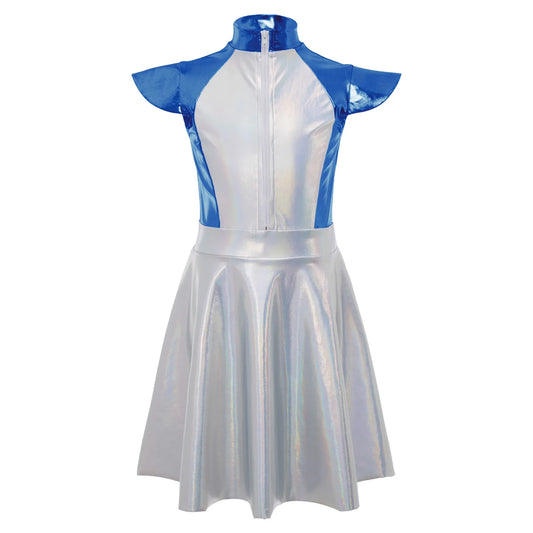 Girls Alien Costume Halloween Outer Space Robot Cosplay Dress With Cap Sleeves High Waist A Line Design Carnival Party Dress Up