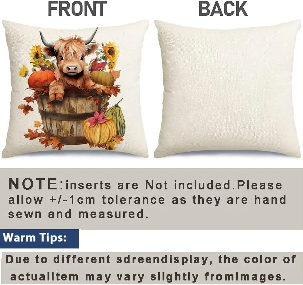 Fall Pillow Covers Set of 4 Highland Cow Autumn Decor Farmhouse Throw Cushion Cases for Couch Outdoor Thanksgiving Pumpkin