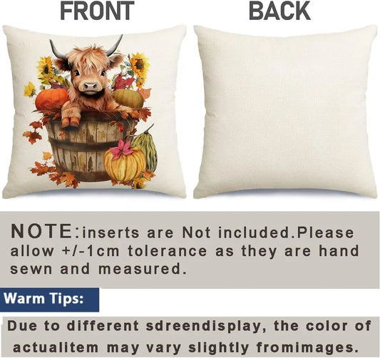 Fall Pillow Covers Set of 4 Highland Cow Autumn Decor Farmhouse Throw Cushion Cases for Couch Outdoor Thanksgiving Pumpkin
