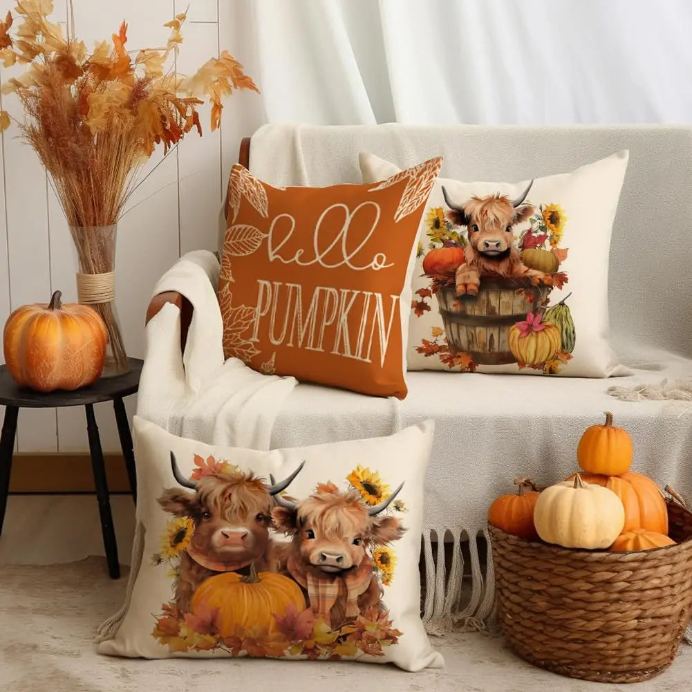 Fall Pillow Covers Set of 4 Highland Cow Autumn Decor Farmhouse Throw Cushion Cases for Couch Outdoor Thanksgiving Pumpkin