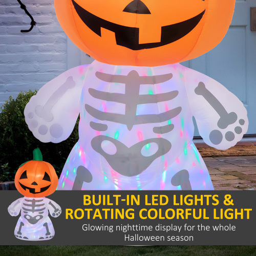 6ft Halloween Inflatables Outdoor Decorations, Smiling Skeleton Ghost with Pumpkin Head, Blow Up LED Yard Decor