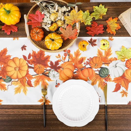 Fall Thanksgiving Pumpkins Linen Table Runner for Table Decoration Autumn Harvest Maple Leaves Table Runners Holiday Party Decor