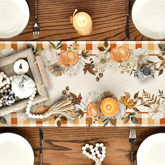 Fall Cucurbit & Maple Leaf Table Runner Checkered Linen Thanksgiving Tablecover with Pumpkins,Autumn Harvest Home Decor