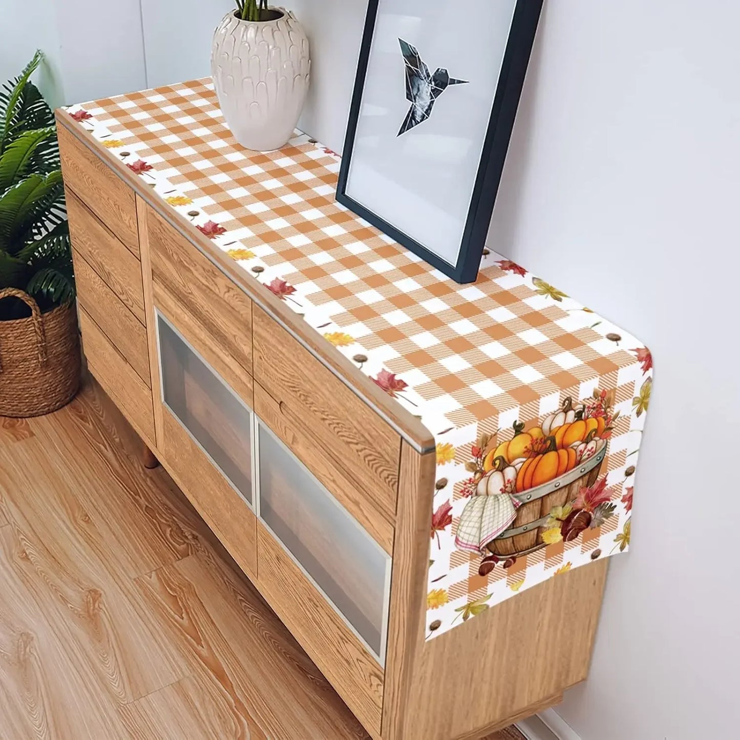 Fall Harvest Thanksgiving Pumpkin Table Runner Table Decor Autumn Maple Leaf Buffalo Plaid Table Runners Home Party Decor
