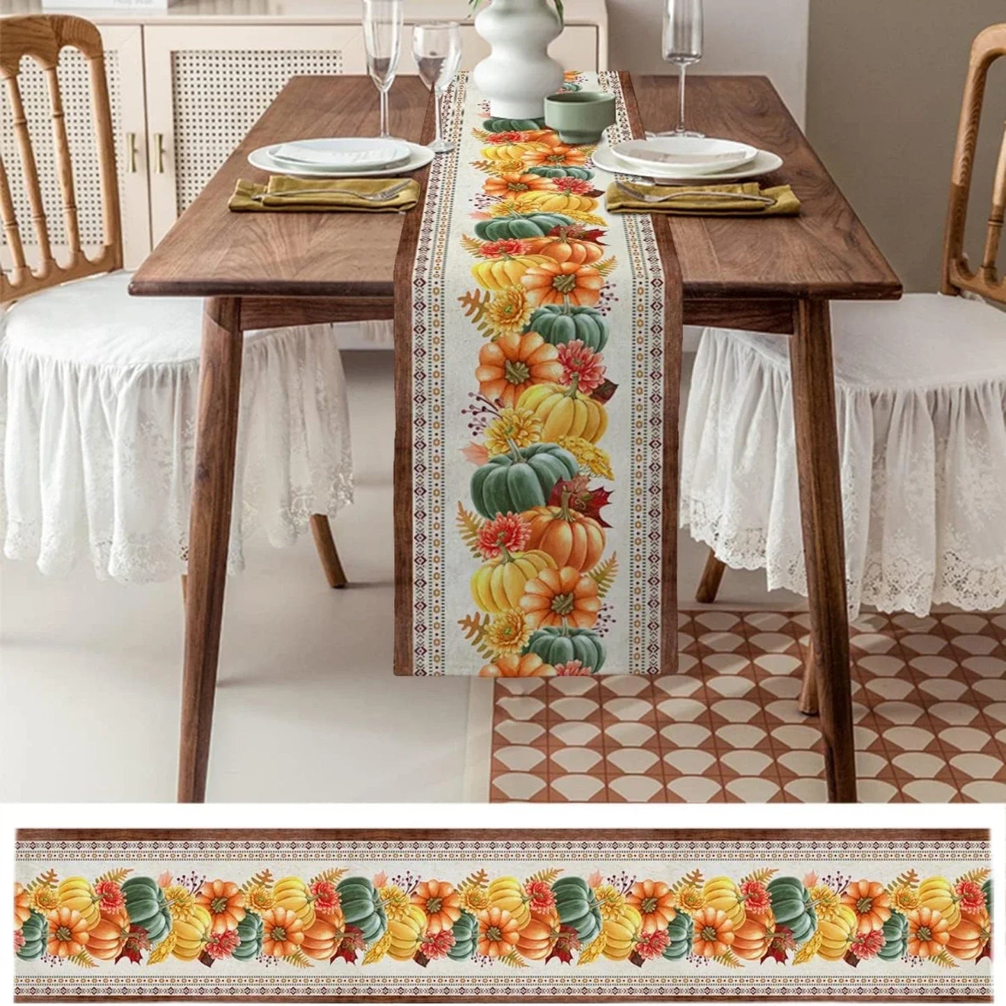 Southwest Aztec Fall Harvest Pumpkins Flower Table Runner Party Decor Reusable Kitchen Dining Table Runner Thanksgiving Decor