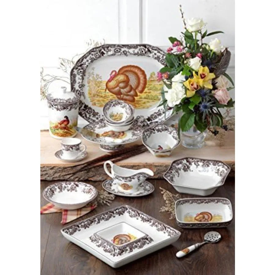 Woodland 12" Square Chip and Dip Turkey Centerpiece Serving Dish Fine Porcelain Holiday Serveware Thanksgiving Platter for Chip