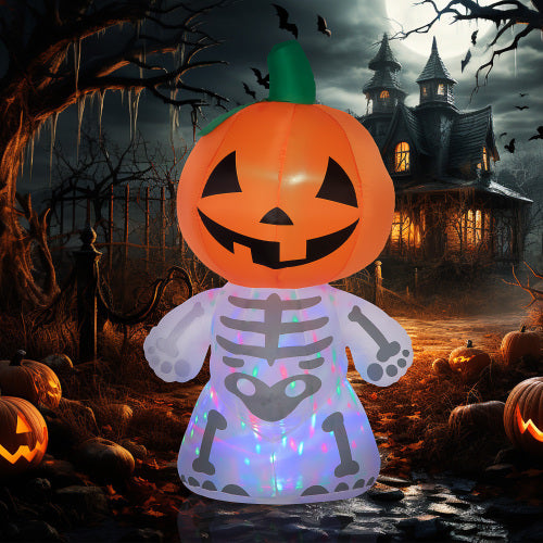 6ft Halloween Inflatables Outdoor Decorations, Smiling Skeleton Ghost with Pumpkin Head, Blow Up LED Yard Decor