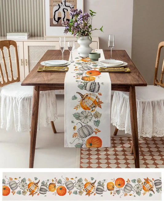 Autumn Pumpkins Maple Leaves Linen Table Runner for Table Decoration Fall Thanksgiving Harvest Table Runners Wedding Party Decor