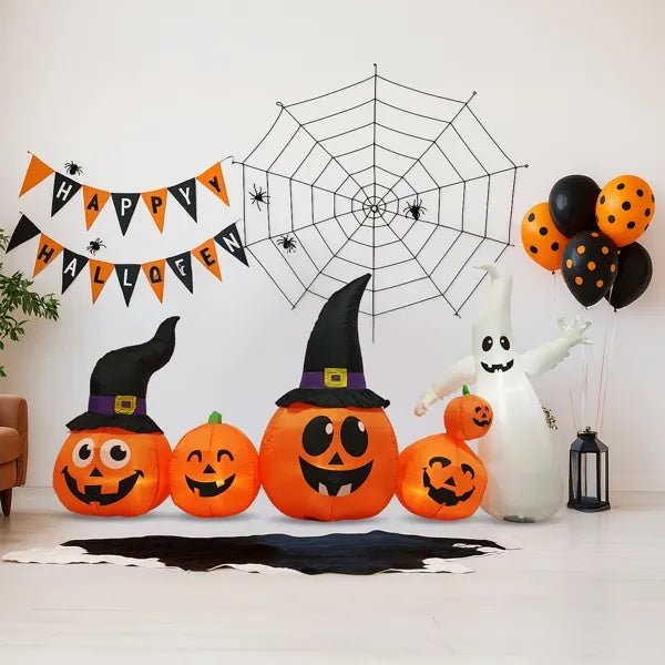 8FT Long Halloween Inflatables Pumpkins Ghost Outdoor Decorations, Blow Up Yard Decoration With Built-in LEDs