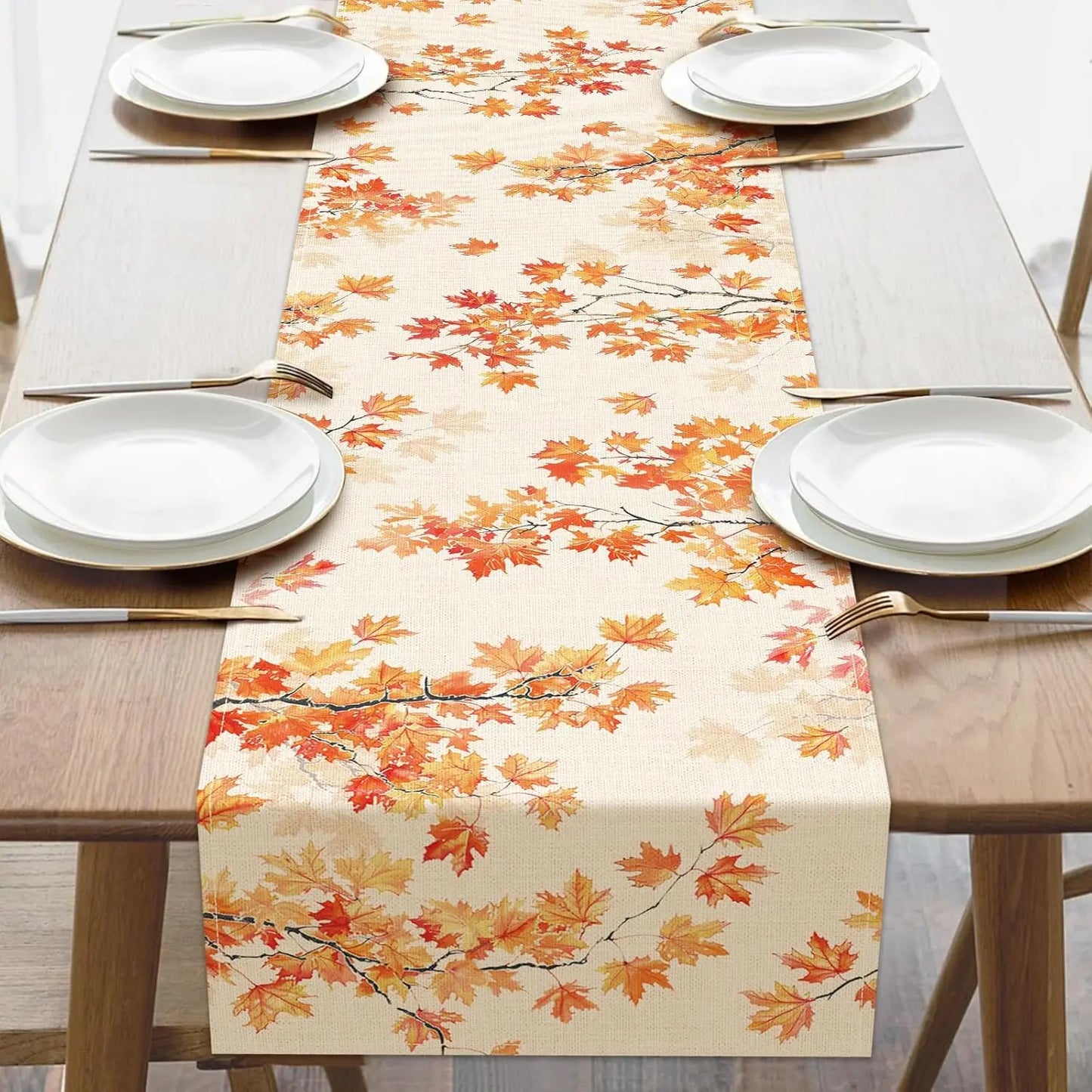 Fall Harvest Branches Maple Leaves Linen Table Runner Party Decor Farmhouse Kitchen Dining Table Runner Thanksgiving Decorations