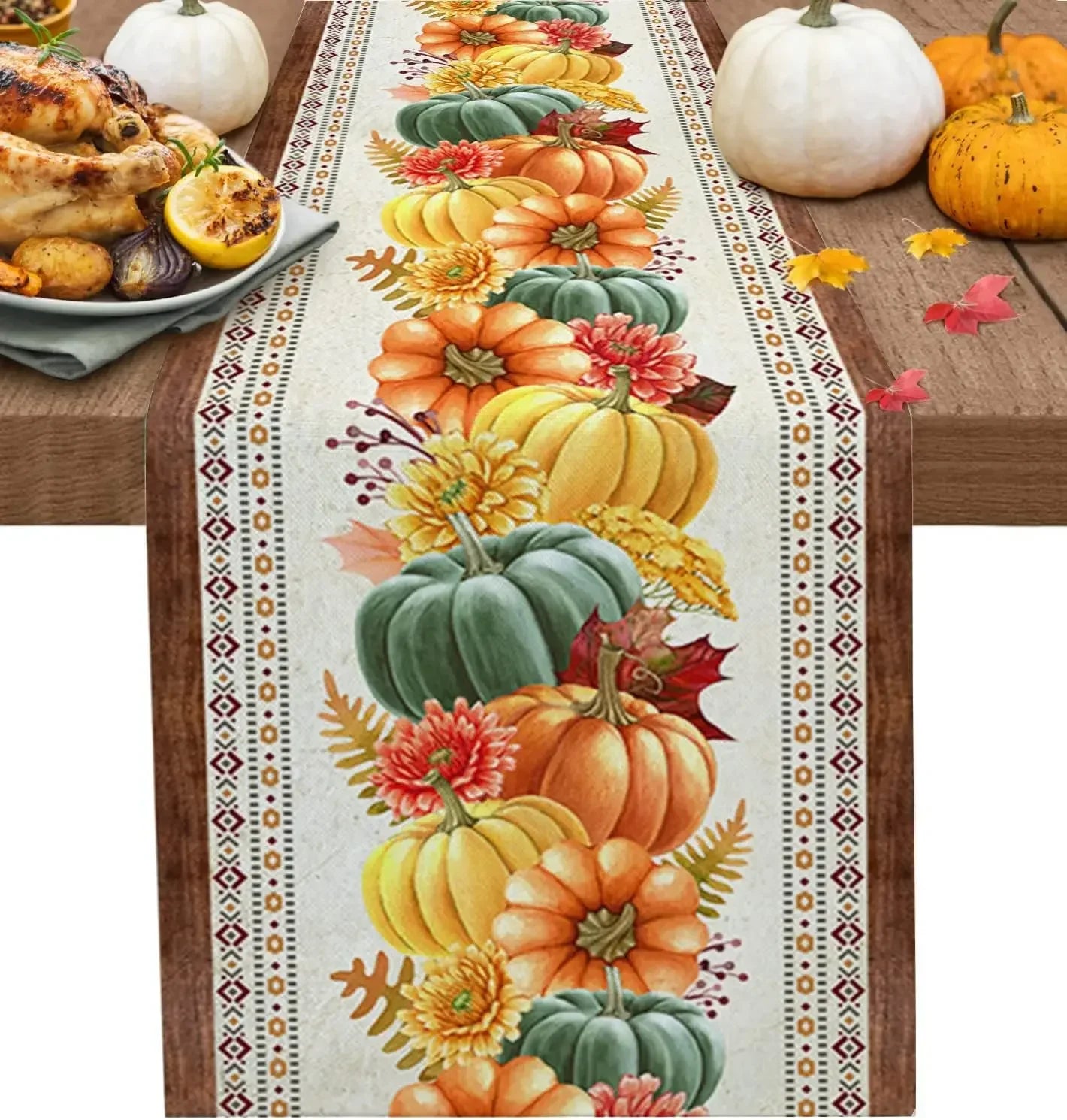 Southwest Aztec Fall Harvest Pumpkins Flower Table Runner Party Decor Reusable Kitchen Dining Table Runner Thanksgiving Decor