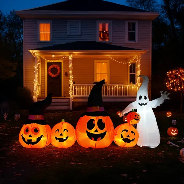 8FT Long Halloween Inflatables Pumpkins Ghost Outdoor Decorations, Blow Up Yard Decoration With Built-in LEDs