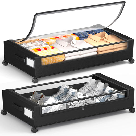 Yeebonix Under Bed Storage with Wheels 2 Pack Square Under Bed Storage Containers 60L Under The Bed Storage Bins Rolling Under The Bed Storage Metal Drawer for Clothes Blankets Shoes...