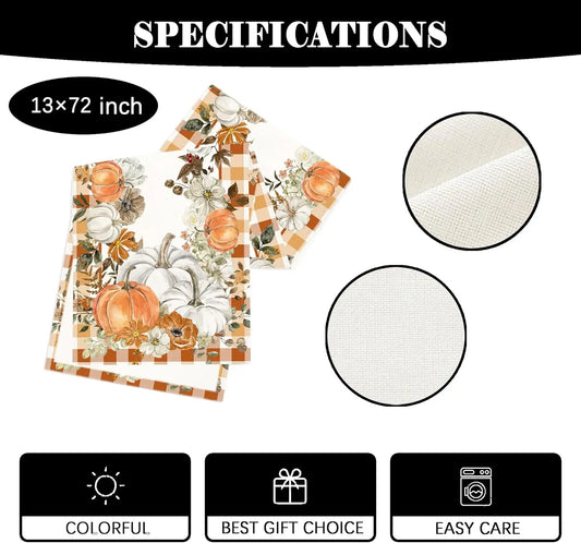 Fall Harvest Pumpkin Maple Leaves Linen Table Runner Party Decor Farmhouse Kitchen Dining Table Runner Thanksgiving Decorations