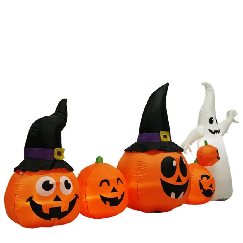 8FT Long Halloween Inflatables Pumpkins Ghost Outdoor Decorations, Blow Up Yard Decoration With Built-in LEDs