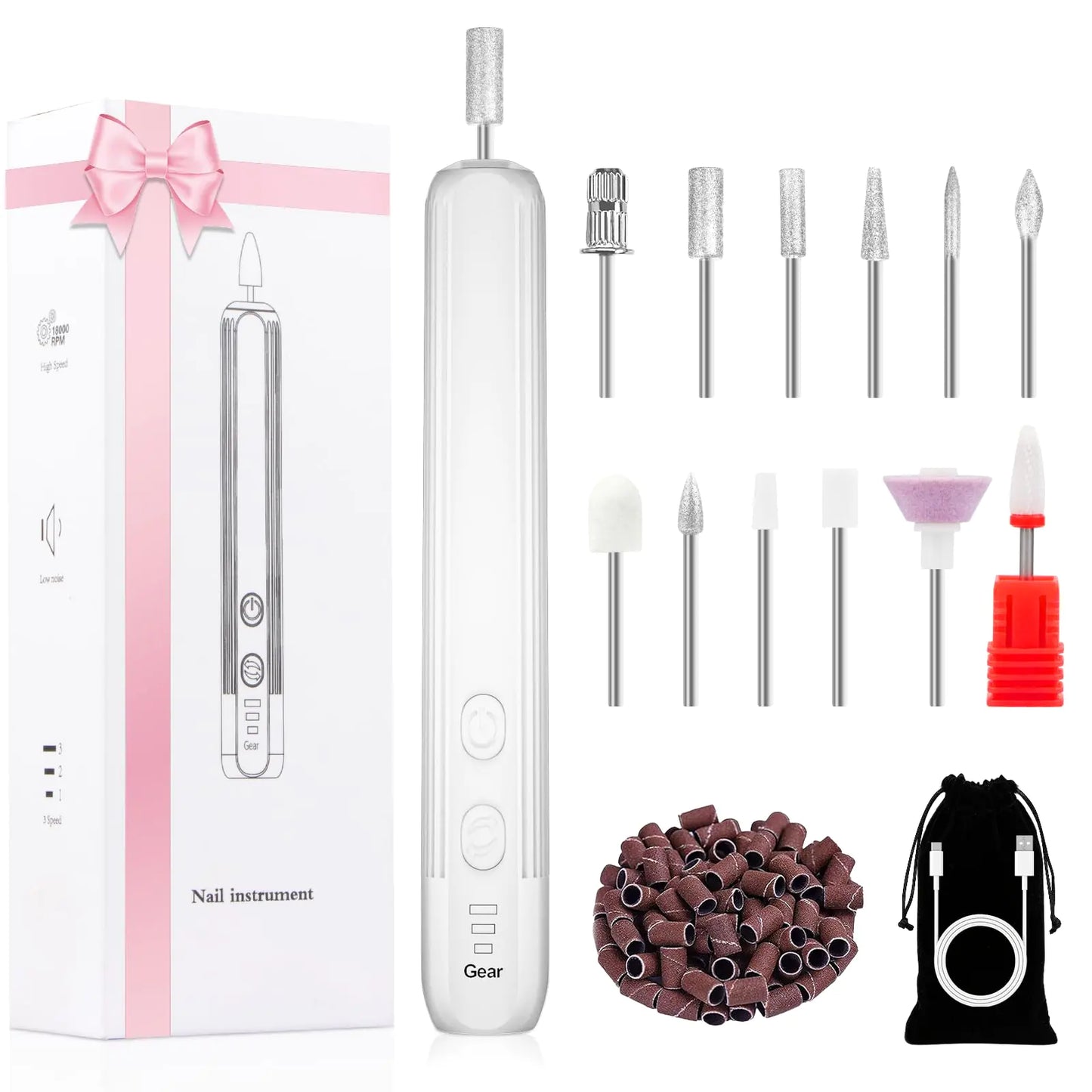 Electric Nail Drill Professional Manicure Pedicure Kit Cordless Electric Nail File Set Rechargeable Pedicure Tools for feet 3 Speeds Hand Foot Care Nail Drill for Thick Nail Toenail Cuticle-White
