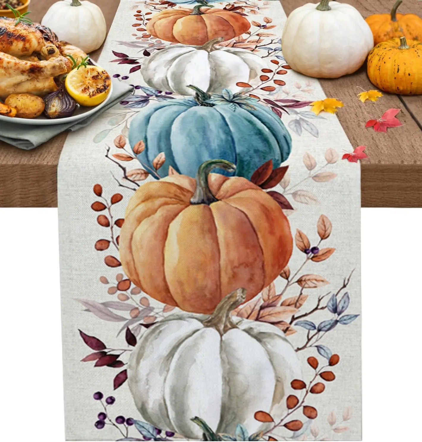 Fall Harvest Pumpkins Eucalyptus Leaves Table Runner Party Decor Reusable Kitchen Dining Tablecloth Thanksgiving Decorations