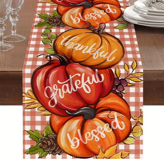 1Pc Pumpkin Theme Table Runner with Positive Words - Inspiring and Grateful Fall Decor for Dining Room, Home, Picnic, B&B, Harvest Party Scene.