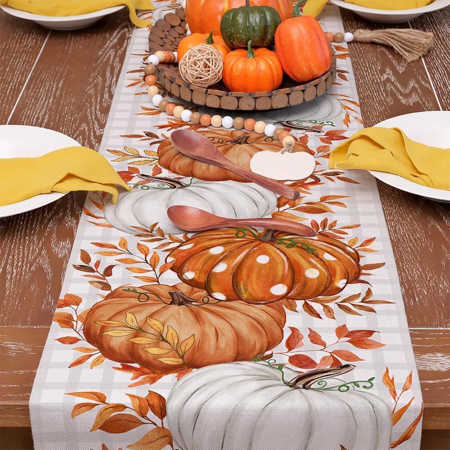 Pumpkin Leaves Fall Table Runner Buffalo Plaid Autumn Thanksgiving Harvest Farmhouse Style Table Decoration for Dining Party