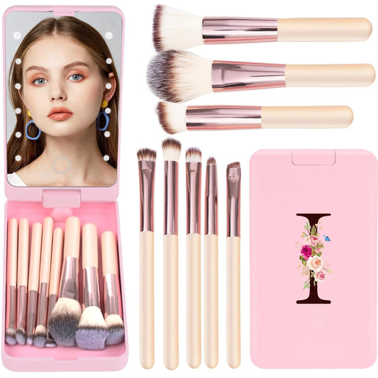 Mini 8-Piece Initials Travel Makeup Brush Set with Led Light Mirror Compact Travel EssentialsMonogrammed Gifts SuitGive To Teen Girls And Young Women Perfect Valentines Day Gifts(PinkI)