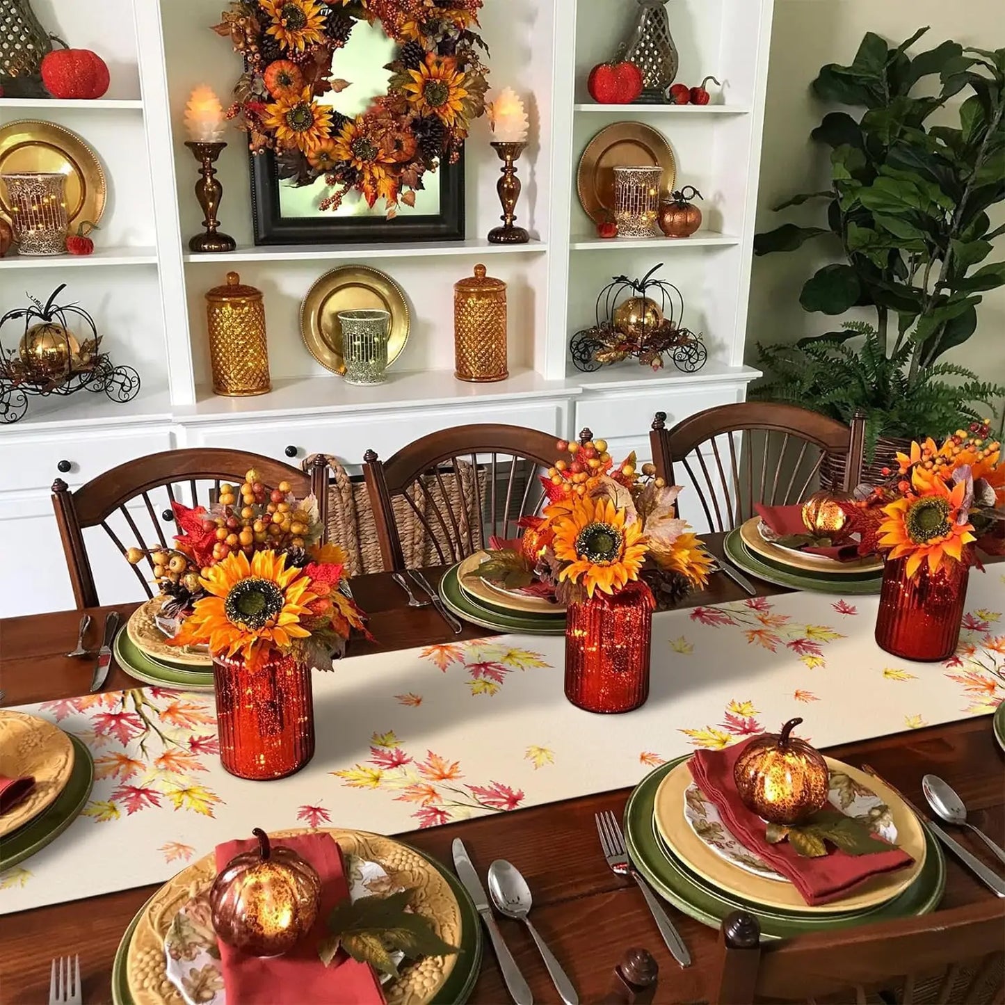 Fall Harvest Gnome Pumpkin Maple Leaves Table Runner Party Decor Reusable Kitchen Dining Table Runner Thanksgiving Decorations