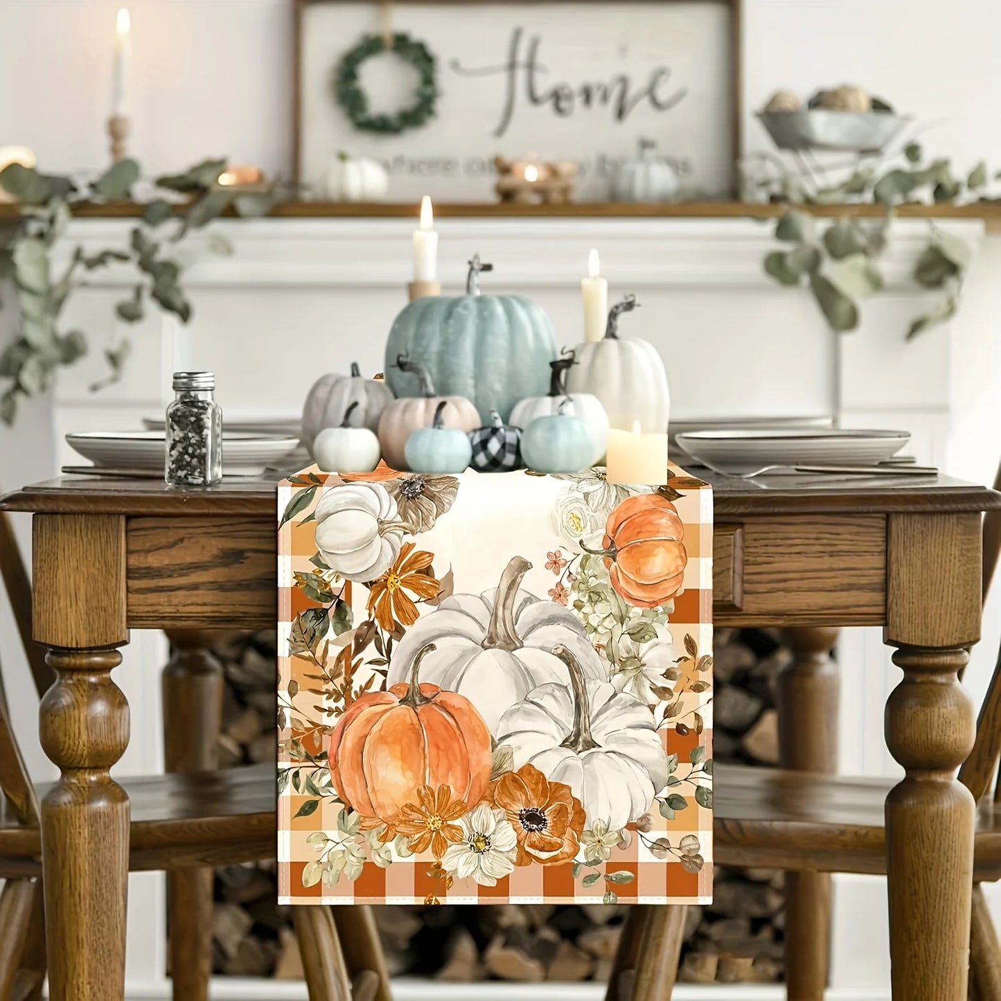 Fall Cucurbit & Maple Leaf Table Runner Checkered Linen Thanksgiving Tablecover with Pumpkins,Autumn Harvest Home Decor