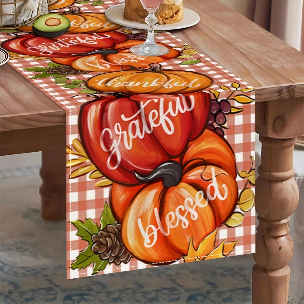 1Pc Pumpkin Theme Table Runner with Positive Words - Inspiring and Grateful Fall Decor for Dining Room, Home, Picnic, B&B, Harvest Party Scene.