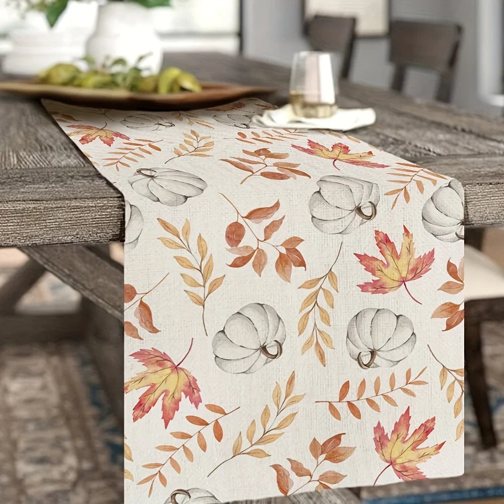 Autumn Harvest Table Runner Polyester Fiber Linen Look Fall Leaves Pumpkin Pattern Dining Table Decor Warm Ambiance Creator