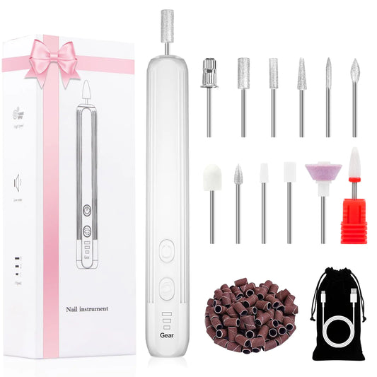 Electric Nail Drill Professional Manicure Pedicure Kit Cordless Electric Nail File Set Rechargeable Pedicure Tools for feet 3 Speeds Hand Foot Care Nail Drill for Thick Nail Toenail Cuticle-White