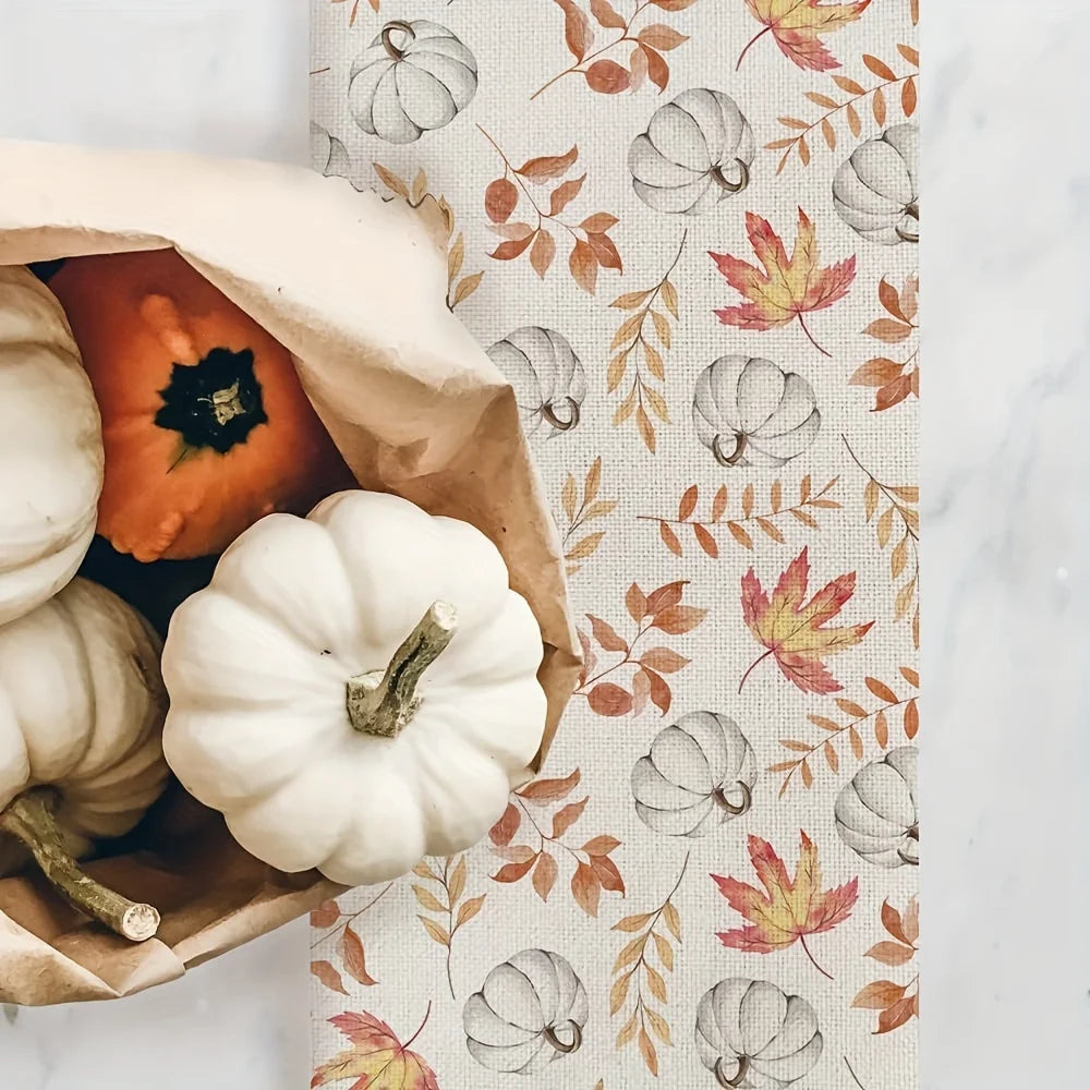Autumn Harvest Table Runner Polyester Fiber Linen Look Fall Leaves Pumpkin Pattern Dining Table Decor Warm Ambiance Creator