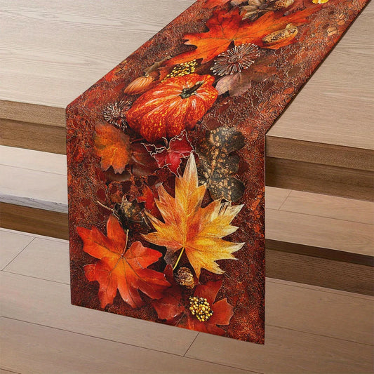 1pc Autumn Harvest Table Runner with Vibrant Fall Leaves and Pumpkins Design, for Thanksgiving Dinner Parties, Farmhouse Style