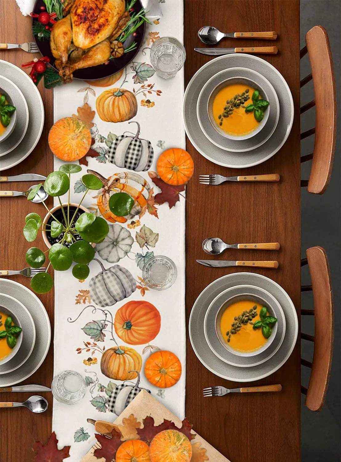 Autumn Pumpkins Maple Leaves Linen Table Runner for Table Decoration Fall Thanksgiving Harvest Table Runners Wedding Party Decor