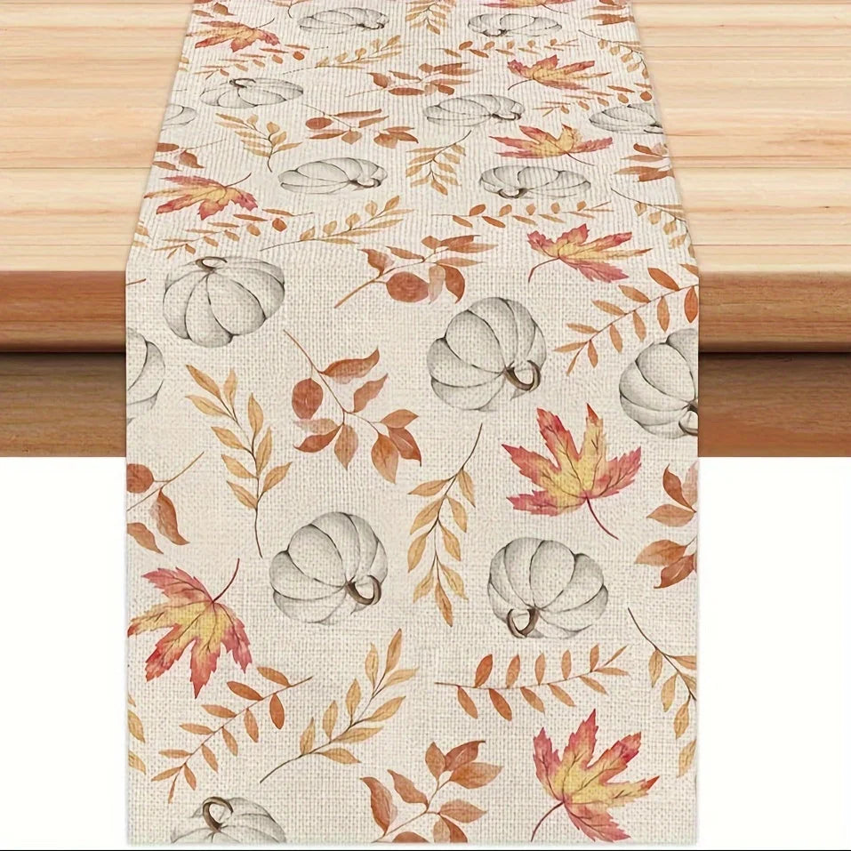 Autumn Harvest Table Runner Polyester Fiber Linen Look Fall Leaves Pumpkin Pattern Dining Table Decor Warm Ambiance Creator
