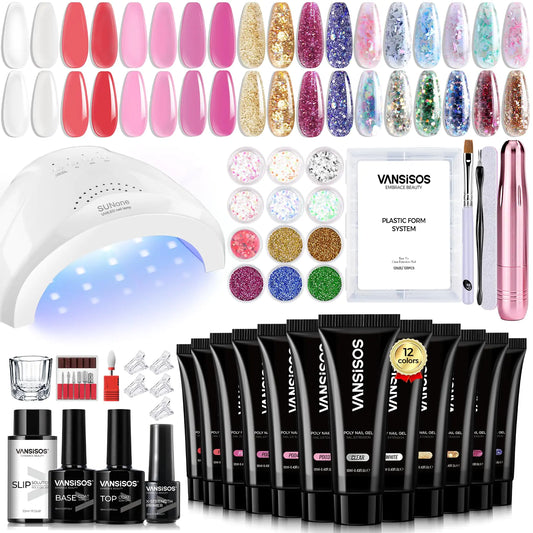 Poly Gel Nail Extension Kit: 12PCS Poly Nail Gel Kit with UV Nail Light Nail Drill Poly Gel Kits with Everything for Beginners Poly gel Nail Kit Starter Kit