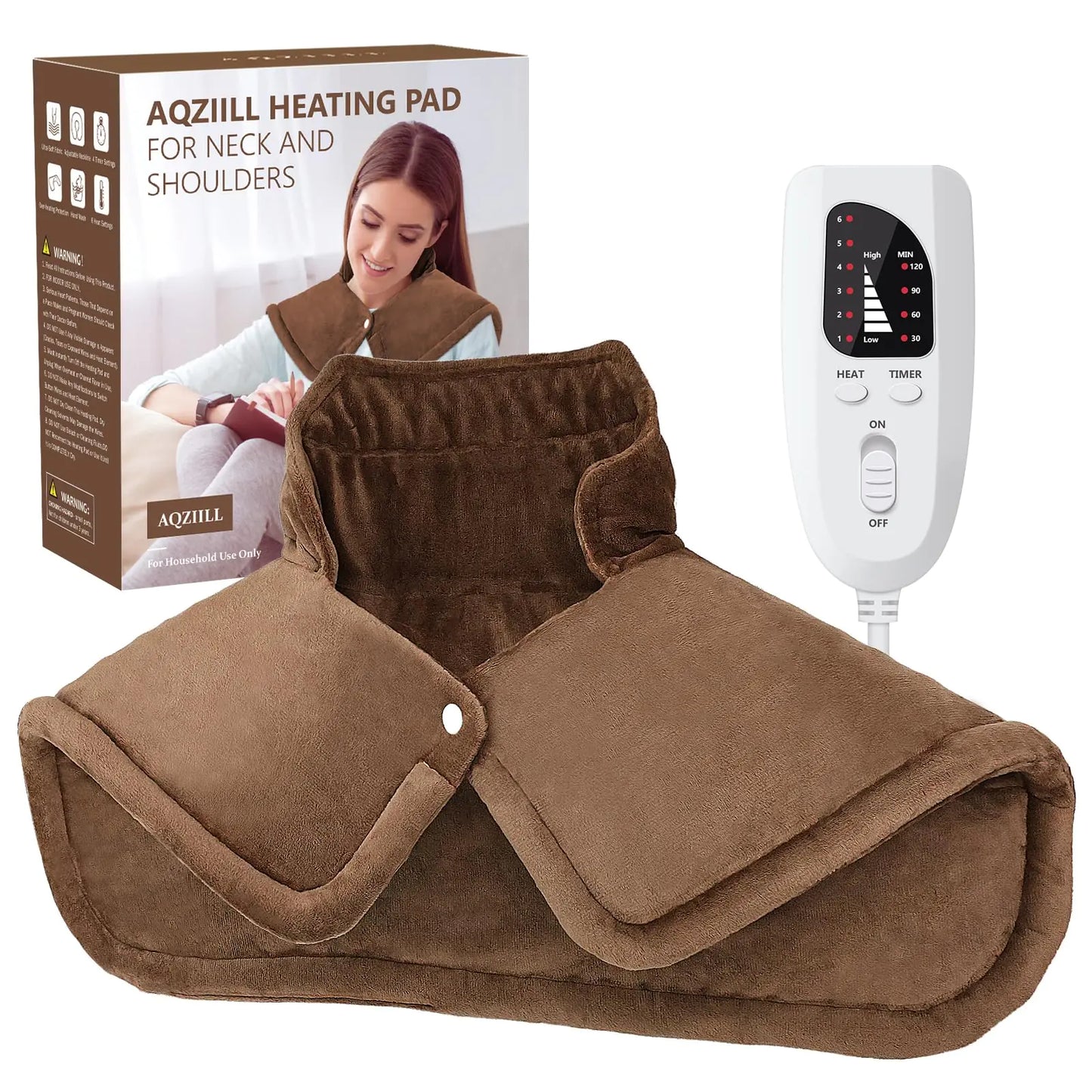 Aqziill Heating Pad for Neck and Shoulders - AQZIILL Brown Large Neck Heating Pad with 6 Heat Settings 4 Timer Settings Auto Off - Heated Neck Wrap for Neck Shoulder Pain - Gifts for Women Men Mom Dad