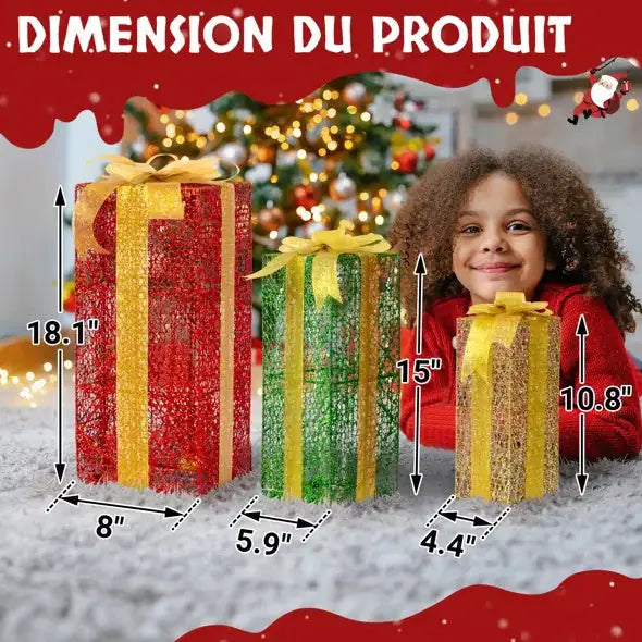 VINGLI Lighted Gift Boxes Set Of 3, Pre-lit Nestable Present Boxes Lighted Holiday Displays
