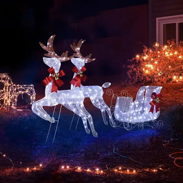 3-Piece Lighted Set Of 2 Reindeer & Sleigh Lighted Holiday Displays