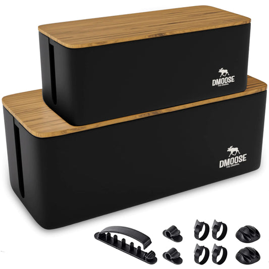 DMoose Cable Management Box - 2 Pack Medium & Large Cord Organizer for Desk & Floor Cable Organizer Box for Child & Pet - Cable Box Hider for Tidy Office & Home (Wood Print Lid Black Box Pack of 2)