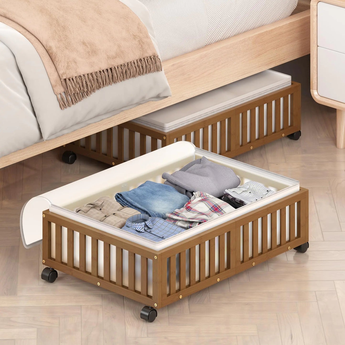 Under Bed Storage Containers with Wheels 2 Pack Bamboo Under the Bed Shoe Storage Bins Wood Rolling Underbed Drawers Organizer for Bedroom Closet Clothes Blanket Comforter Under Crib Toy Walunt