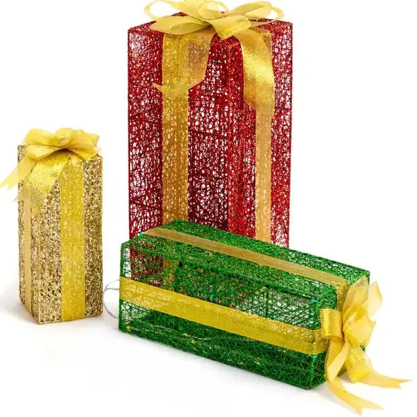 VINGLI Lighted Gift Boxes Set Of 3, Pre-lit Nestable Present Boxes Lighted Holiday Displays