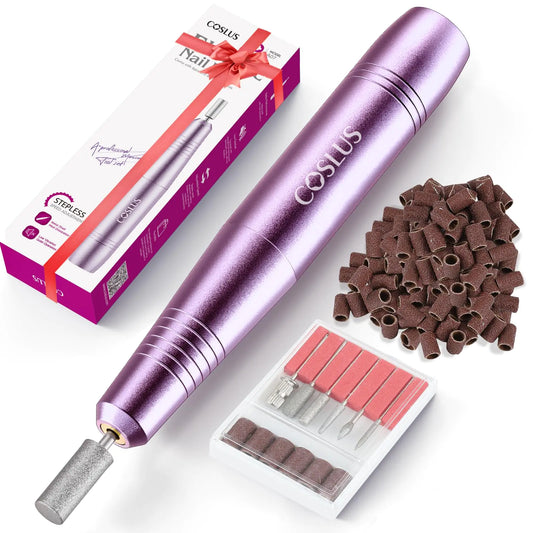 Electric Nail Drill File Professional: COSLUS Portable Nail Drill Machine Kit for Acrylic Gel Dip Powder Nails with Sanding Bands Nail Drill BitsManicure Pedicure Set for Cuticle Dead Skin Purple